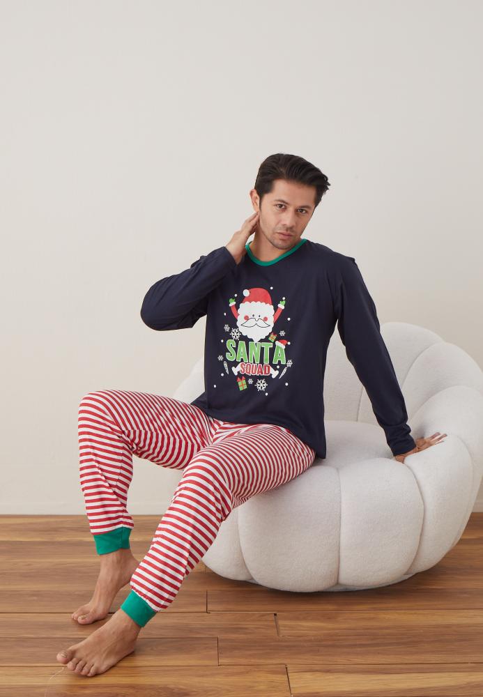 Pijama barbati Craciun "SANTA" , maneca lunga ,pantaloni lungi,Culoare Bleumarin ,Engros